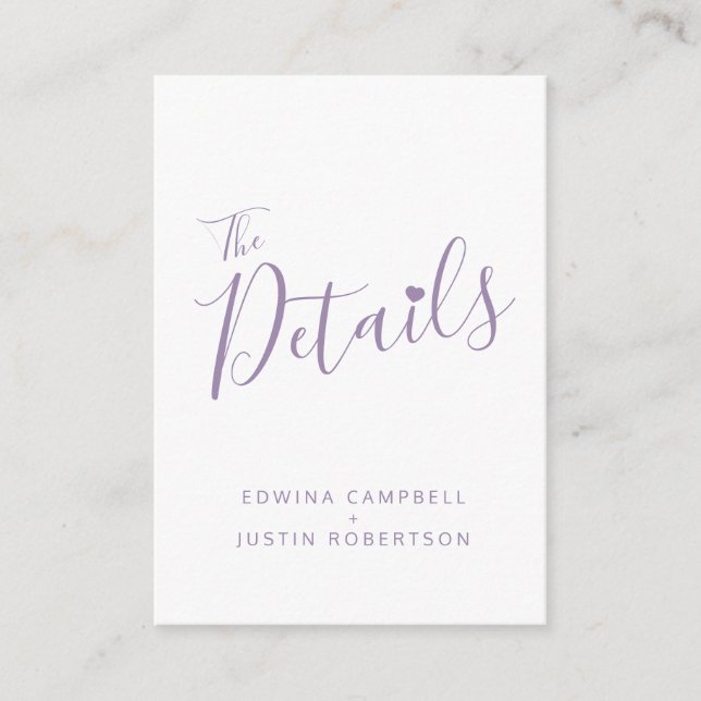 Wedding details simple purple white enclosure card (Front)