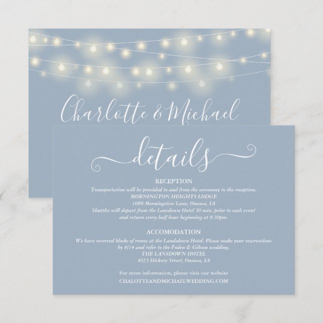 Wedding Details Spring Lights Script Dusty Blue Enclosure Card (Front/Back)