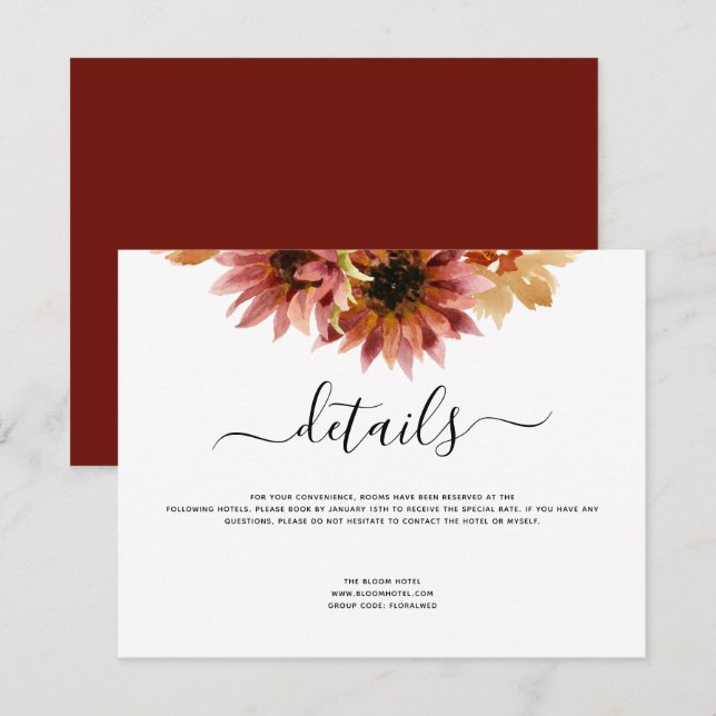 Wedding Details Sunflower Burgundy Country Invitation (Front/Back)