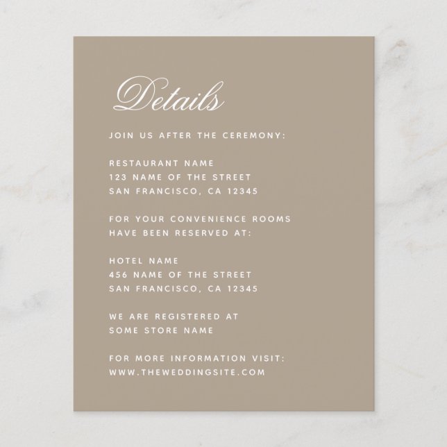 Wedding Details Taupe Simple Budget Enclosure Card (Front)