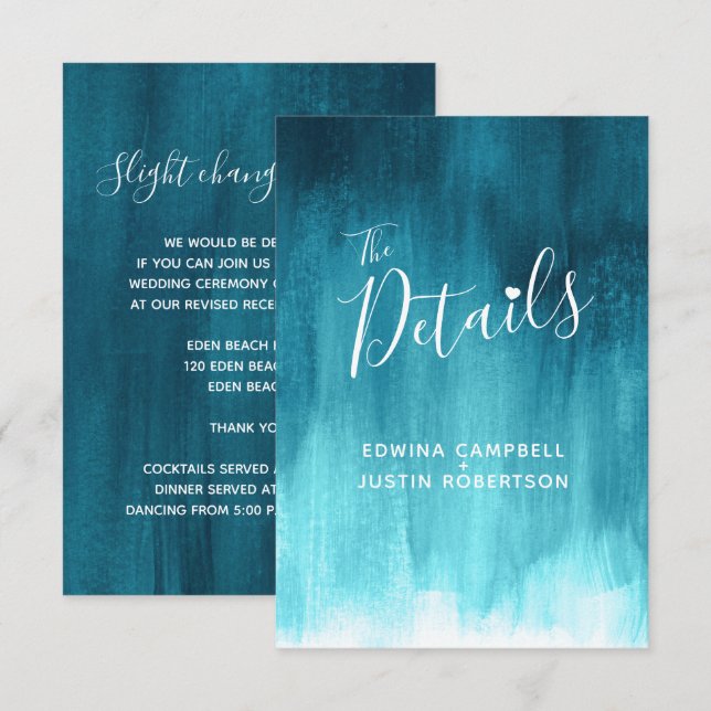 Wedding details teal blue green art enclosure card (Front/Back)