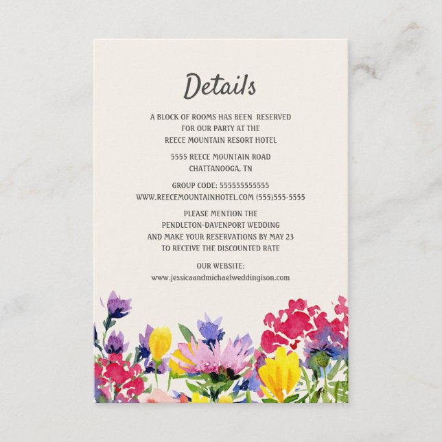 Wedding Details Watercolor Wildflowers Boho Floral Enclosure Card (Front)