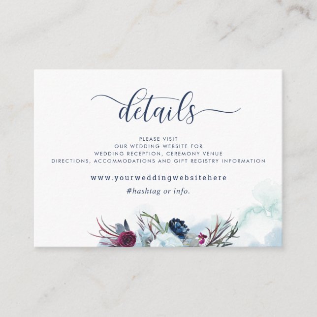 Wedding Details / Website Berry and Blue Floral Enclosure Card (Front)