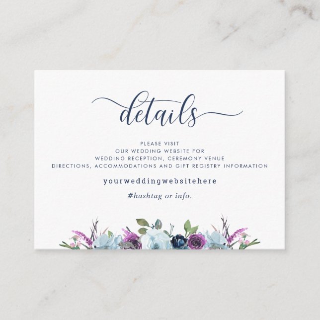 Wedding Details / Website Purple and Blue Floral Enclosure Card (Front)