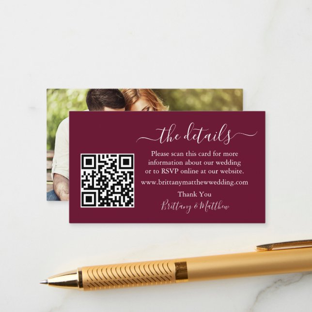 Wedding Details Website QR Photo Burgundy Enclosure Card (Front/Back In Situ)