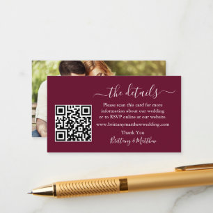 Wedding Details Website QR Photo Burgundy Enclosure Card