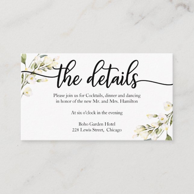 Wedding Details White Cream Floral  Enclosure Card (Front)