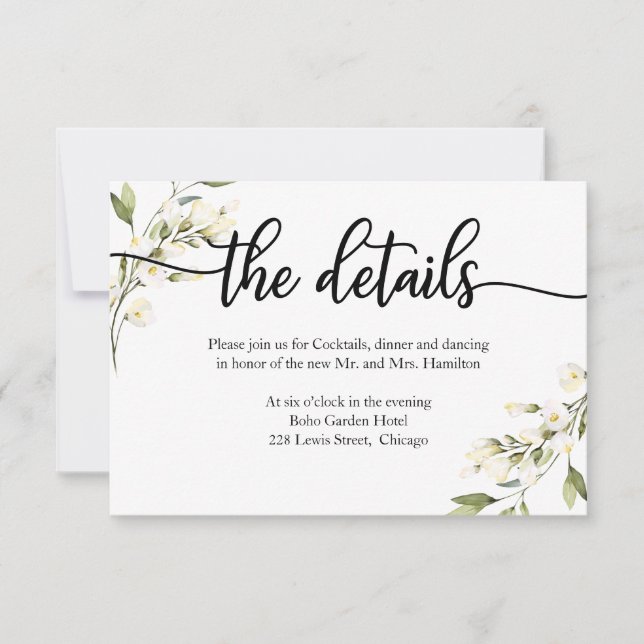 Wedding Details White Cream Floral RSVP Card (Front)
