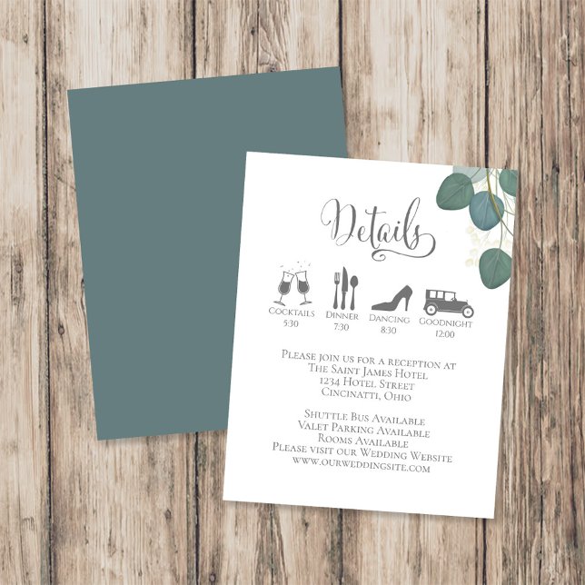Wedding Details with Timeline Insert Eucalyptus (Eucalyptus greenery wedding details card with timeline insert and botanical leaves design.)