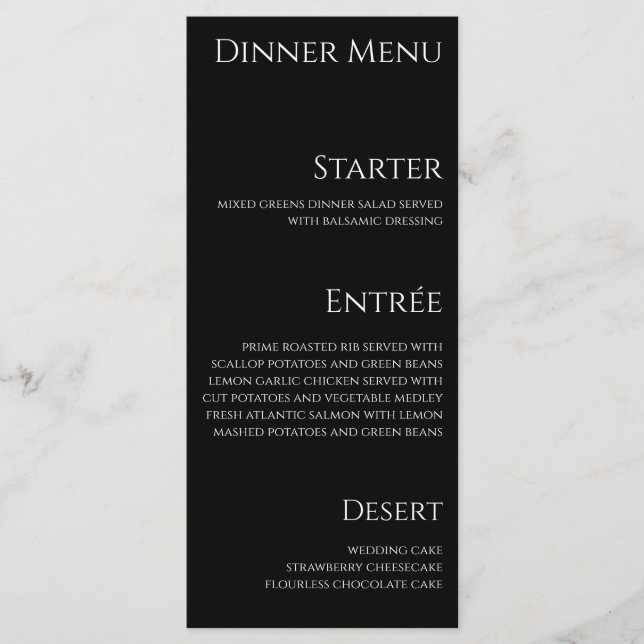 Wedding Dinner and Bar Menu-Black and White- Menu (Front)