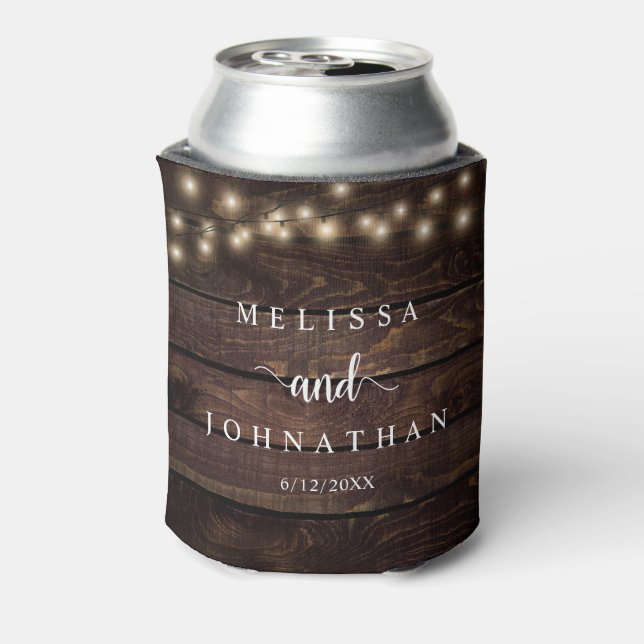 Wedding Dinner and Party, Rustic String Lights Can Cooler (Can Back)