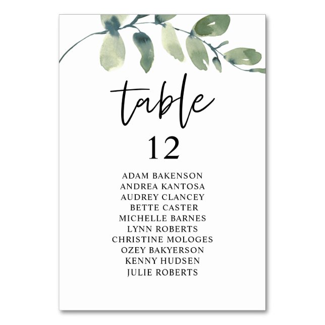 Wedding Dinner, Eucalyptus Guests Seating Chart Ta Table Number (Front)
