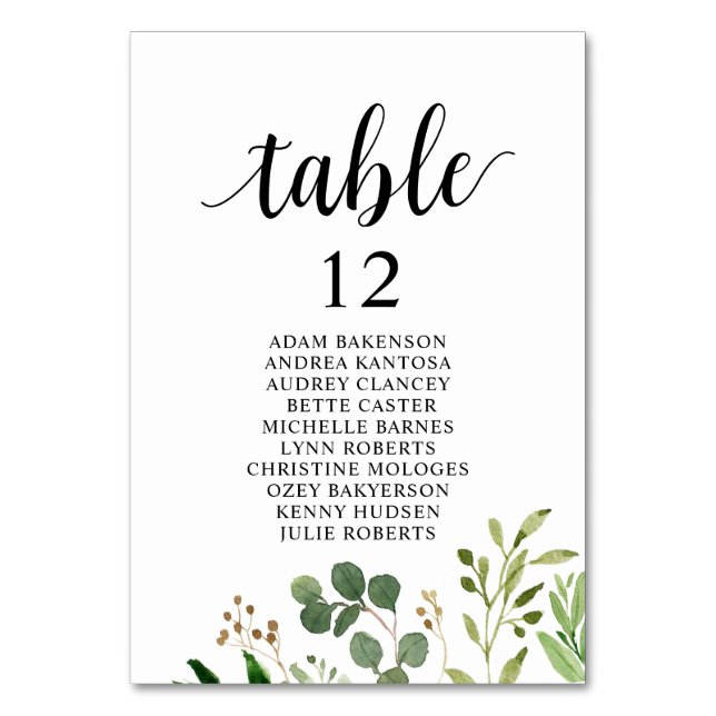 Wedding Dinner, Greenery Guests Seating Chart Table Number (Front)