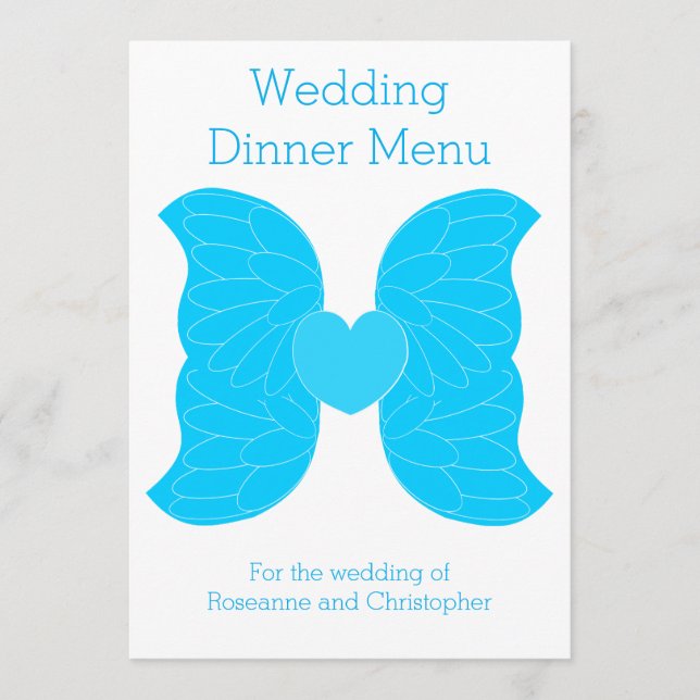 Wedding Dinner Menu Blue Angel Wings Heart Design (Front)