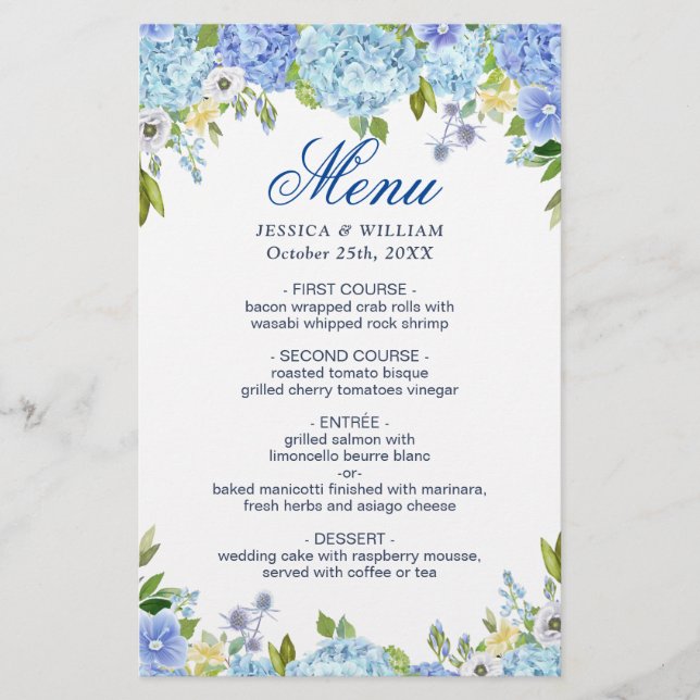 Wedding Dinner Menu Blue Hydrangea Floral Greenery (Front)