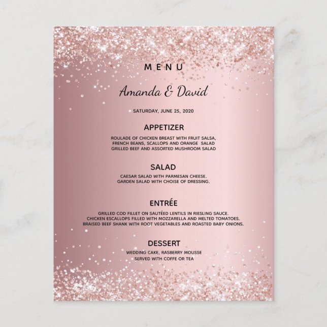 Wedding dinner menu blush pink rose glitter dust  (Front)