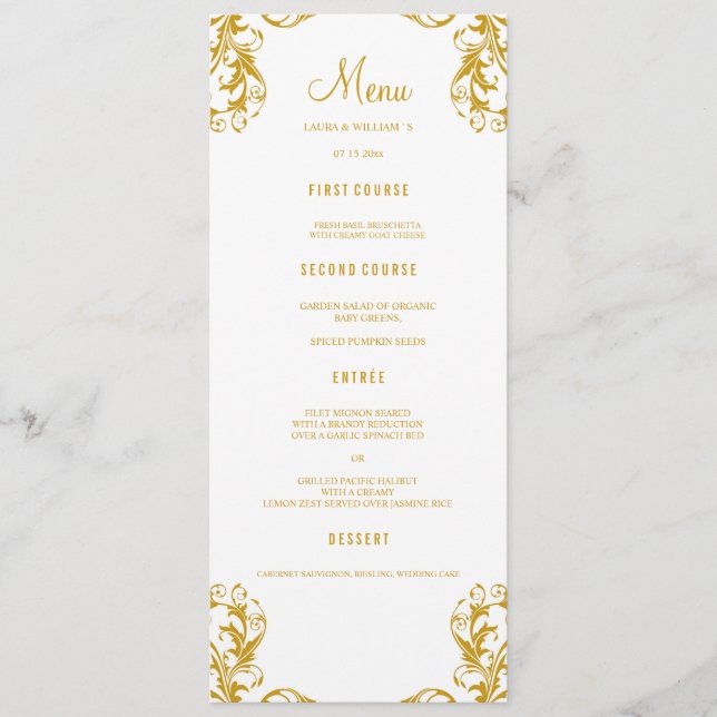 Wedding Dinner Menu Cards | Gold Damask Style (Front)