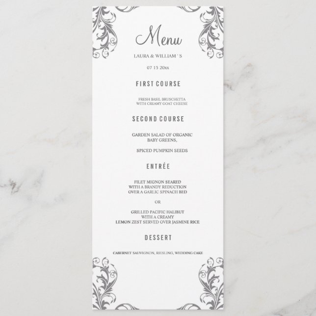 Wedding Dinner Menu Cards | Grey Damask Style (Front)