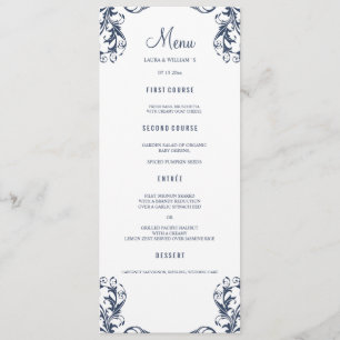 Wedding Dinner Menu Cards   Navy Blue Damask Style