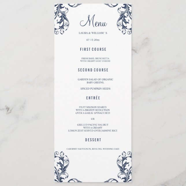 Wedding Dinner Menu Cards | Navy Blue Damask Style (Front)