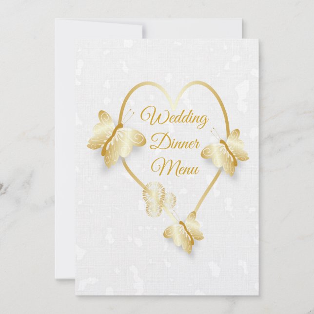 Wedding Dinner Menu Gold Coloured Heart Butterfly Invitation (Front)