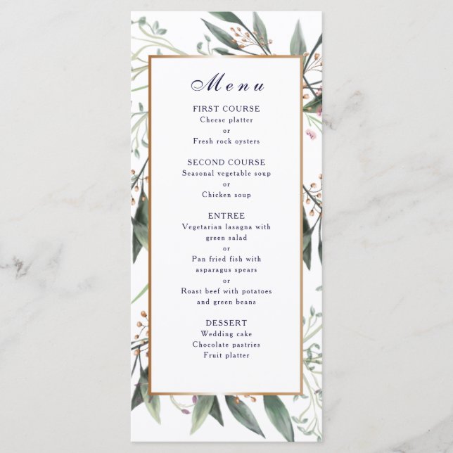 Wedding dinner menu green leaf gold frame elegant (Front)