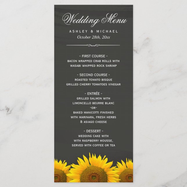 Wedding Dinner Menu Rustic Sunflowers Chalkboard (Front)