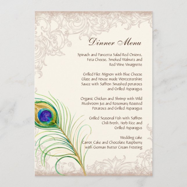 Wedding Dinner Menu Vintage Peacock Feather Etched (Front)