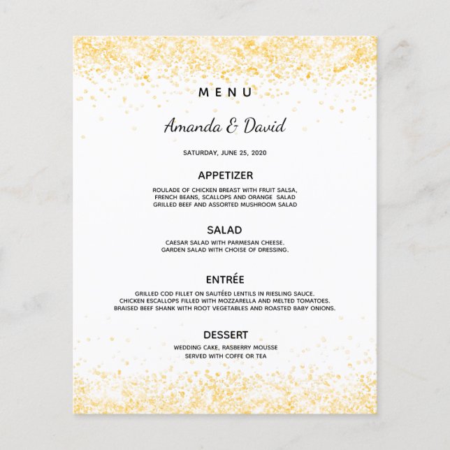 Wedding dinner menu white gold confetti (Front)