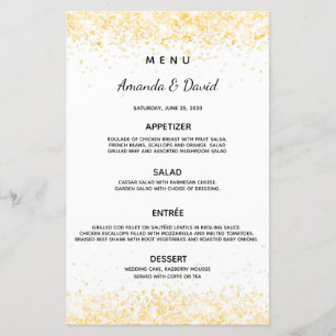 Wedding dinner menu white gold confetti