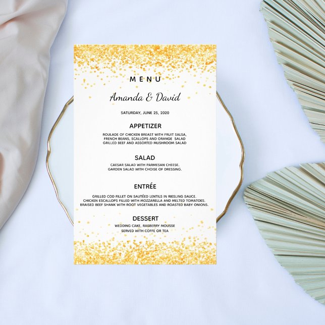 Wedding dinner menu white gold confetti budget (Creator Uploaded)