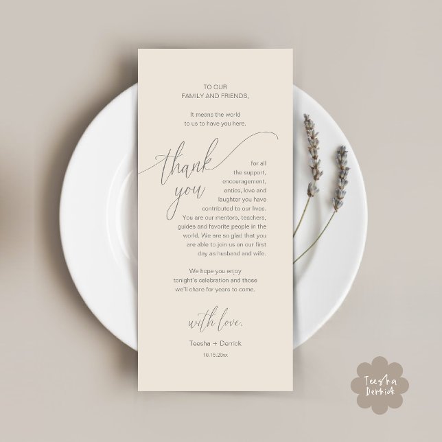 Wedding Dinner Place Setting Modern Thank You Card (Modern Wedding Dinner Brunch Place Setting Thank You Card romantic in aesthetic Cream Grey)