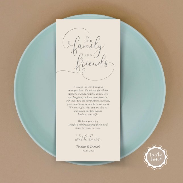 Wedding Dinner Place Setting Thank You Card (To Our Family and Friends, Wedding Dinner Place Setting Thank You Card, Modern, Dark Grey Cream)