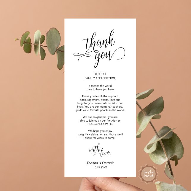 Wedding Dinner, Place Setting Thank You Cards (Wedding Dinner, Place Setting Thank You Card, in Modern Classy Script, Black and White.)