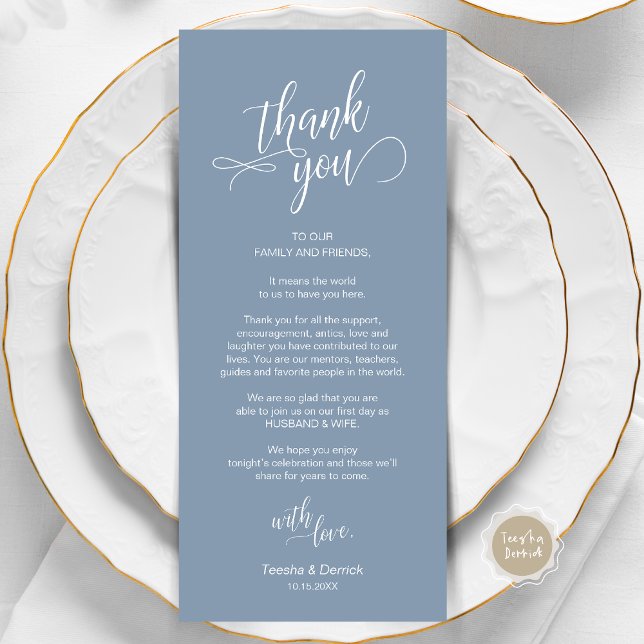 Wedding Dinner, Place Setting Thank You Cards (Wedding Dinner, Place Setting Thank You Card, in Modern Classy Script, Dusty Blue.)