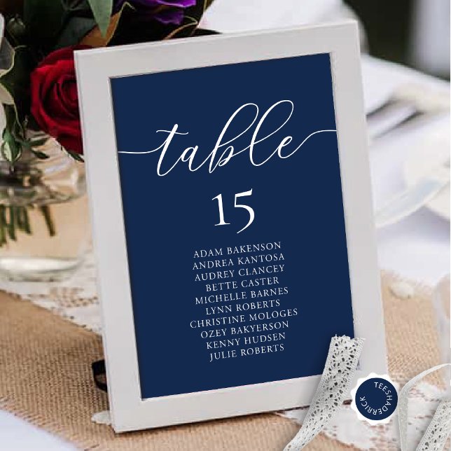 Wedding Dinner, Romance Guest Seating Chart, Table Number (Wedding Dinner, Romance Guest Seating Chart Card, in Classy Navy Blue, with Table Number and Names.)