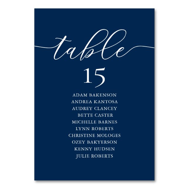 Wedding Dinner, Romance Seating Chart, Navy Blue T Table Number (Front)