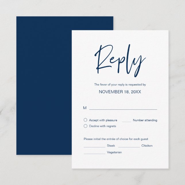 Wedding Dinner RSVP, meal options, Navy Blue Enclosure Card (Front/Back)