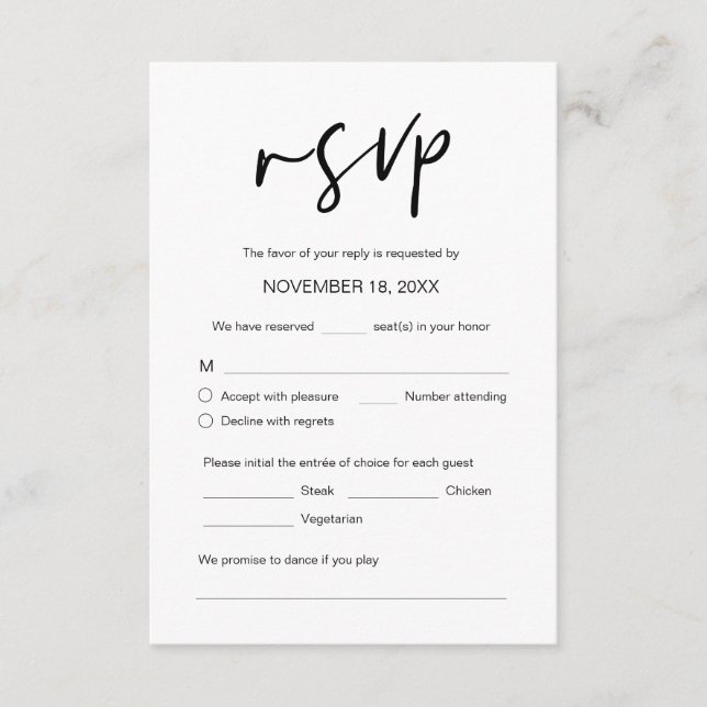 Wedding Dinner RSVP, meal options, song request Enclosure Card (Front)