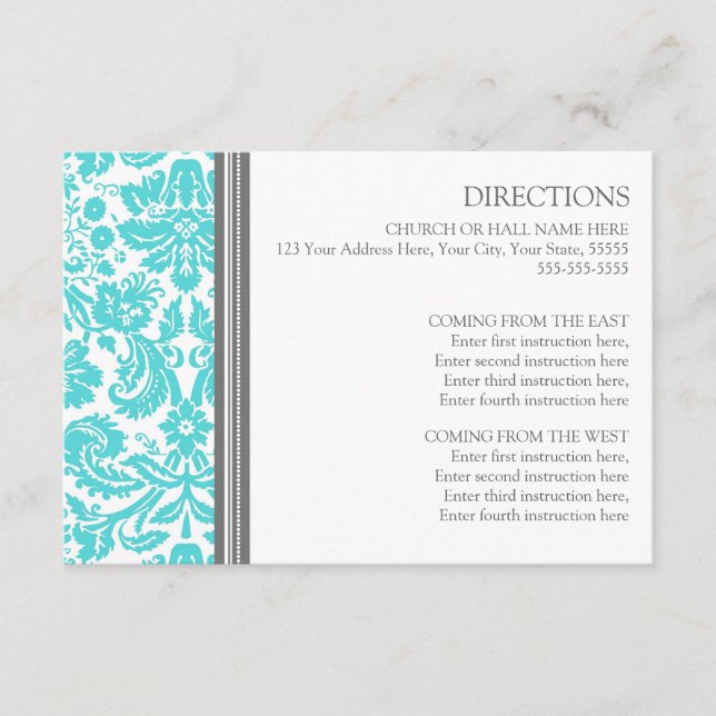Wedding Direction Cards Aqua Grey Damask (Front)