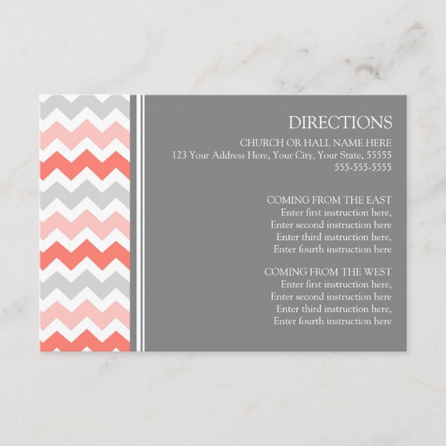 Wedding Direction Cards Coral Grey Chevron (Front)