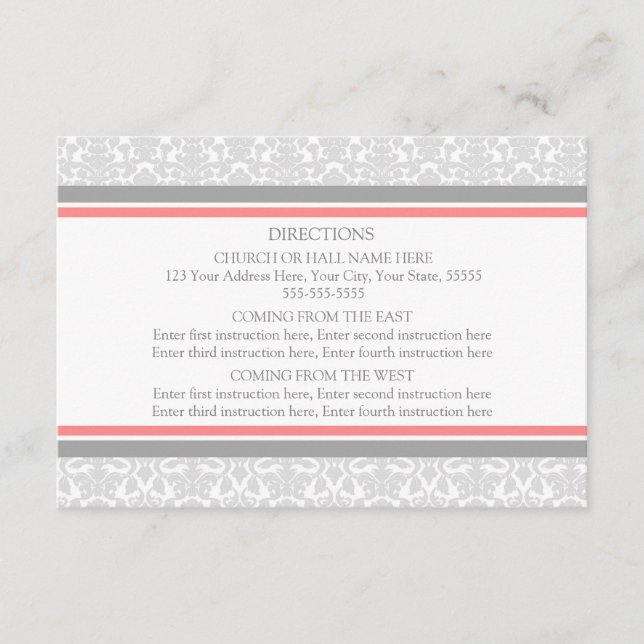 Wedding Direction Cards Coral Grey Damask (Front)