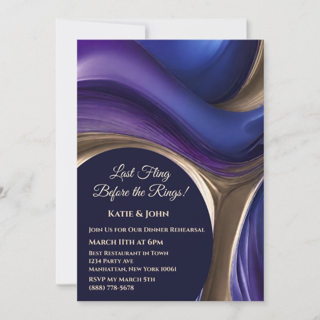 Wedding-Dnner Rehearsal-Blue Purple and Gold- Invitation (Front)