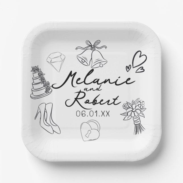 Wedding Doodle Save the Dates Wedding Anniversary  Paper Plate (Front)