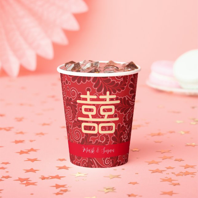 Wedding Double happiness Floral Background  Paper  Cups (Insitu)