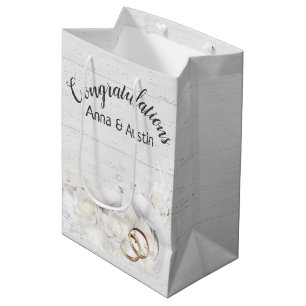 Wedding Doves and Rings On White Wood  Medium Gift Bag
