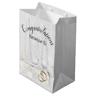 Wedding Doves and Rings On White Wood   Medium Gift Bag