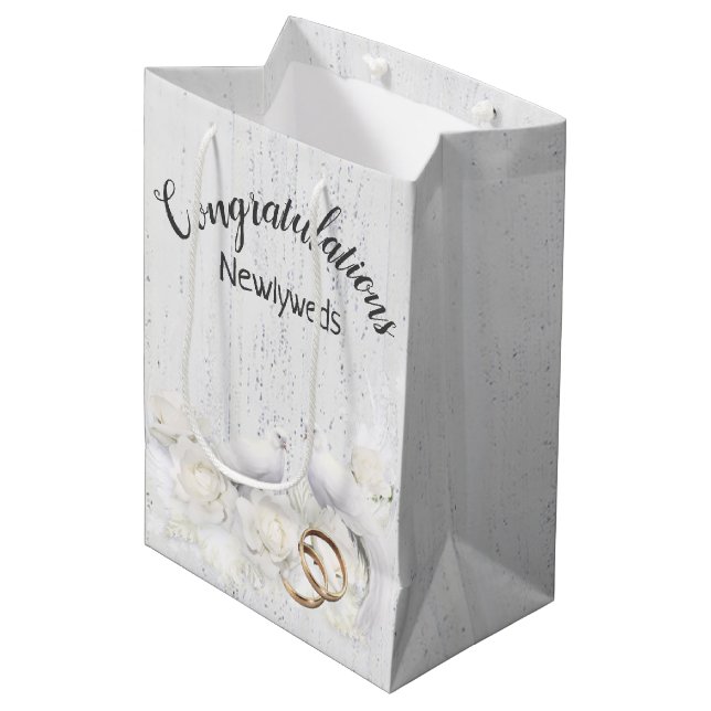 Wedding Doves and Rings On White Wood   Medium Gift Bag (Front Angled)