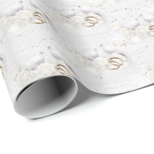 Wedding Doves and Rings On White Wood Wrapping Paper