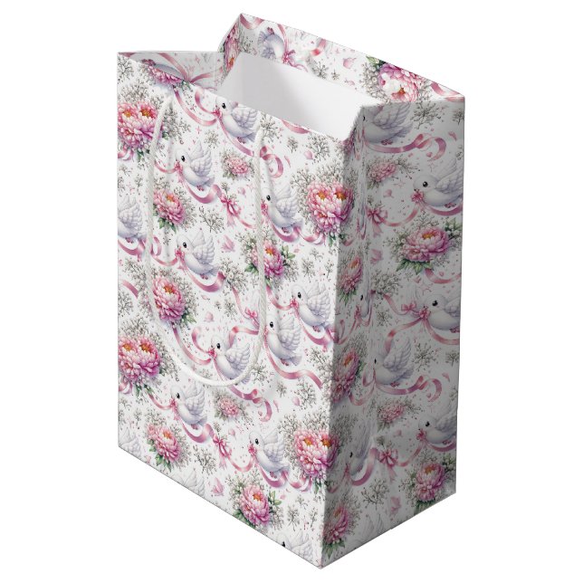 Wedding Doves with Pink Peonies and Ribbons Medium Gift Bag (Back Angled)